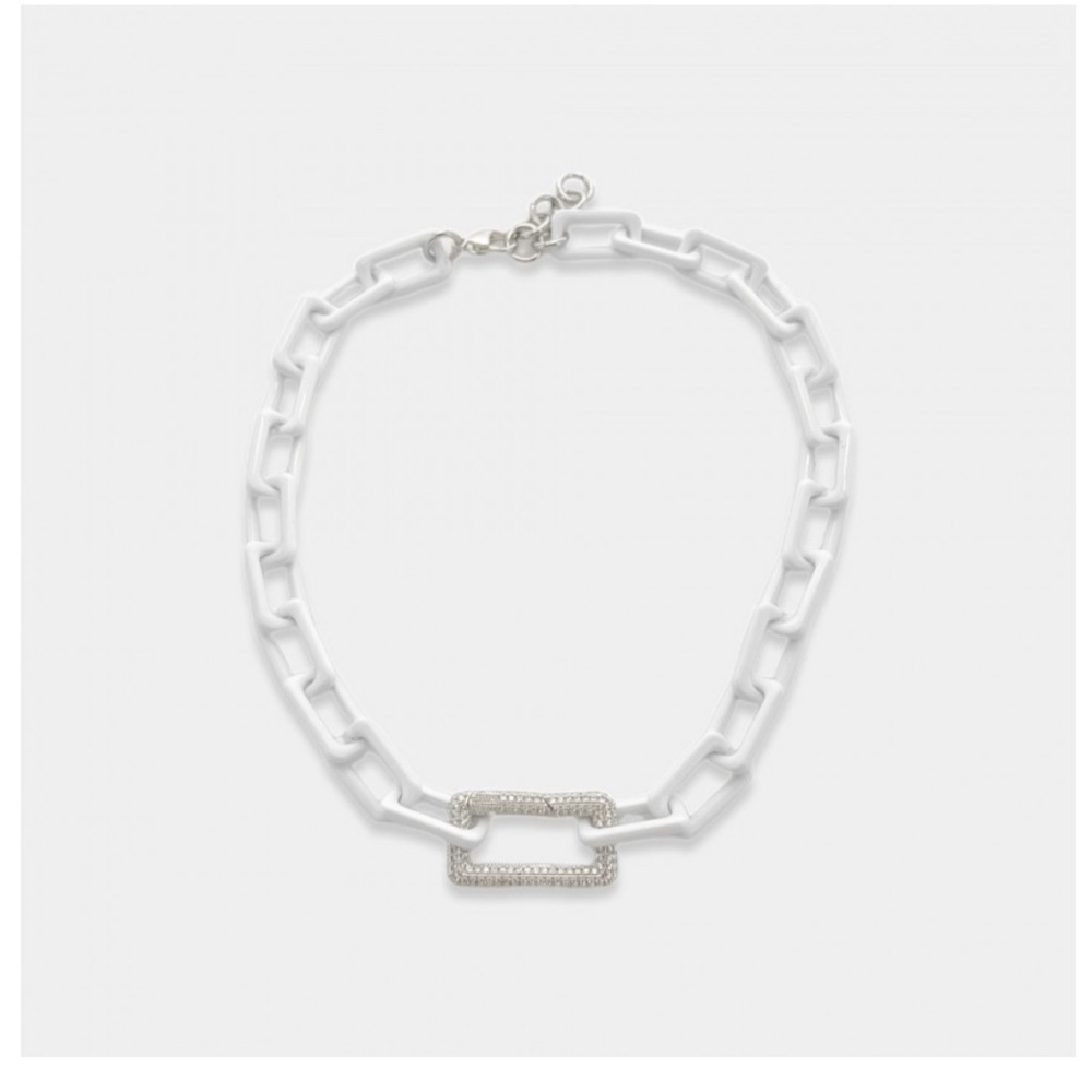 WHITE Enamel Rectangular Chainlink Necklace CZ Carabiner bling cubic zirconia